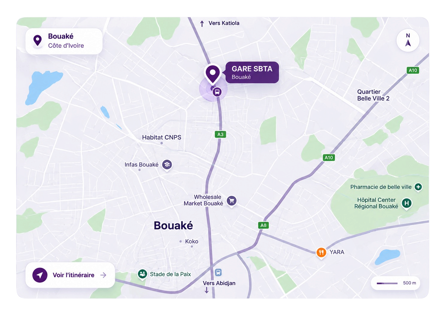 Carte de Bouaké indiquant l'emplacement de la gare SBTA.